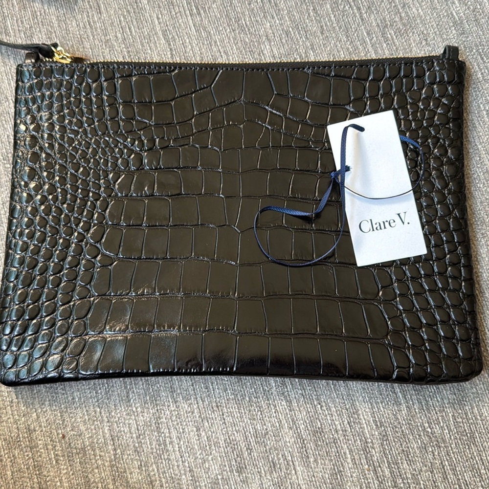Clare V NWT flat clutch with tabs black crocodile snakeskin